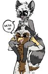  avian brown_fur colorless_eyes duo dylu fur grey_fur gryphon hair laugh mammal raccoon sharpie speech_bubble turz white_fur 