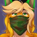  2018 alsander anthro bandanna blonde_hair canine cat close-up dingo emitheempress feline fur green_eyes hair hybrid male mammal multicolored_hair orange_fur orange_hair signature simple_background solo tan_fur two_tone_hair 