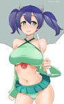  bare_shoulders blue_hair blush breasts commentary_request detached_sleeves green_eyes highres kantai_collection large_breasts looking_at_viewer midriff navel open_mouth race_queen shiny shiny_skin short_hair skirt smile solo souryuu_(kantai_collection) taut_clothes twintails ueda_torini umbrella 