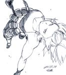  breasts dated explosive gloves grenade greyscale incoming_attack jumping large_breasts leona_heidern long_hair monochrome sketch sleeveless solo tank_top the_king_of_fighters tsukudani_(coke-buta) upside-down 