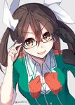  :d bespectacled black-framed_eyewear black_gloves bow bowtie brown_hair elbow_gloves glasses gloves hair_between_eyes hair_ribbon kantai_collection konkito long_hair open_mouth orange_eyes remodel_(kantai_collection) ribbon short_sleeves silver_background simple_background single_elbow_glove smile solo tone_(kantai_collection) twintails twitter_username v-shaped_eyebrows white_ribbon 