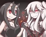  aircraft_carrier_hime battleship_hime black_dress black_hair breasts cleavage commentary_request dress feiton gauntlets hand_grab horns kantai_collection large_breasts long_hair multiple_girls one_side_up oni_horns pale_skin red_eyes shinkaisei-kan spaghetti_strap translation_request white_hair 