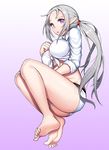  :o aaa bad_id bad_pixiv_id barefoot breasts clenched_hand closers collared_shirt crop_top dress_shirt feet from_side front-tie_top gradient gradient_background hand_on_own_chest huge_breasts knees_up legs levia_(closers) long_hair long_pointy_ears long_sleeves looking_at_viewer midriff no_bra open_mouth pointy_ears ponytail purple_background purple_eyes raised_eyebrows shirt short_shorts shorts silver_hair sleeves_rolled_up soles solo thighs tied_shirt underboob very_long_hair 