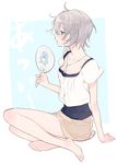  anastasia_(idolmaster) barefoot blue_eyes blush fan horiizumi_inko idolmaster idolmaster_cinderella_girls jewelry necklace open_mouth paper_fan short_hair silver_hair sitting skirt solo sweat uchiwa 