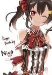  ;) arms_behind_back bare_shoulders black_hair bow character_name closed_mouth dated fingerless_gloves gloves hair_between_eyes hair_bow hair_ornament hair_ribbon hairpin happy_birthday lf long_hair looking_at_viewer love_live! love_live!_school_idol_project one_eye_closed red_eyes red_gloves ribbon simple_background sketch smile solo star star_hair_ornament twintails white_background yazawa_nico 
