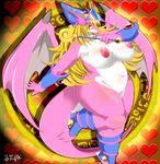  abstract_background anthro balls big_breasts blonde_hair blush breasts chubby dark_magician_girl dragon green_eyes hair horn huge_breasts magic_user nipples scalie simple_background solo vein ymbk yu-gi-oh 