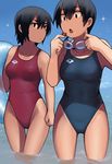  :&lt; black_eyes black_hair breasts competition_swimsuit covered_nipples crab goggles innertube large_breasts lvi multiple_girls one-piece_swimsuit original partially_submerged short_hair standing swimsuit tan thigh_gap water 