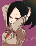  adjusting_hair alternate_eye_color bad_id bad_pixiv_id black_hair boku_no_hero_academia hair_tie long_hair long_sleeves mouth_hold necktie ponytail purple_background purple_eyes red_neckwear school_uniform solo twitter_username tying_hair u.a._school_uniform upper_body usasaki_shiro yaoyorozu_momo 