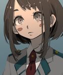  alternate_eye_color bad_id bad_pixiv_id blue_background blush_stickers boku_no_hero_academia brown_hair collared_shirt necktie red_neckwear school_uniform shirt short_hair sidelocks silver_eyes simple_background solo u.a._school_uniform uraraka_ochako usasaki_shiro 