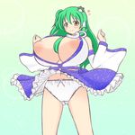  bare_shoulders blush breasts detached_sleeves gigantic_breasts green_hair hair_between_breasts hair_tubes heart heart-shaped_pupils kochiya_sanae long_hair mario_(makoto) md5_mismatch navel nipple_slip nipples panties skirt skirt_flip snake solo symbol-shaped_pupils touhou underwear white_panties yellow_eyes 