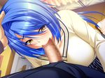  1girl bishop_(company) blue_hair blush breasts censored chijoku_no_seifuku collarbone fellatio game_cg hand_on_head highres large_breasts long_hair looking_up mizushima_oonari mosaic_censoring oral penis sitting socks solo_focus standing tears toyomori_aya yellow_eyes 