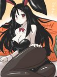  animal_ears ass bangs black_hair black_legwear blush body_pillow breasts bunny_ears bunnysuit cleavage commentary_request fake_animal_ears goma_(gomasamune) hair_between_eyes hand_on_hip kantai_collection large_breasts long_hair lying pale_skin pantyhose red_eyes ru-class_battleship shinkaisei-kan solo translated twisted_torso wrist_cuffs 