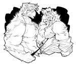  anthro avian biceps big_muscles bird black_and_white bulge canine chest_tuft dog feathers fur joey kokuhane male male/male mammal monochrome muscles pecs stan_(kokuhane) tuft 