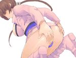  1girl ass ass_grab blush boots braid breasts cameltoe female hair_over_eyes king_of_fighters large_breasts long_hair minakami_(flyingman555) miniskirt panties shermie shiny shiny_skin simple_background skirt smile solo thong underwear very_long_hair 