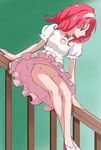  akagi_towa dress go!_princess_precure green_background haruyama_kazunori indoors no_panties precure profile puffy_sleeves railing red_eyes red_hair short_hair simple_background sitting sliding solo stairs wind wind_lift 