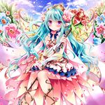  bangs blue_hair blush commentary_request dress fairy flower frills hair_ornament kidatsu!_dungeons_lord long_hair nogi_takayoshi official_art original petals pointy_ears purple_eyes rifuren_(kidatsu!_dungeons_lord) sidelocks sitting sky solo staff tiara 