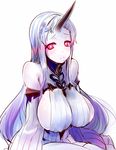  bare_shoulders blush breasts claws commentary_request detached_sleeves dress frown highres horn kantai_collection large_breasts long_hair looking_at_viewer red_eyes ribbed_dress seaport_hime shinkaisei-kan sideboob solo ueda_torini very_long_hair white_hair 