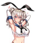  1girl absurdres alternate_costume armpits arms_behind_head bare_shoulders black_panties blue_eyes blush breasts colored_eyelashes commentary_request cosplay elbow_gloves gloves hibi_(grangcat) highleg highleg_panties highres kantai_collection kashima_(kantai_collection) large_breasts long_hair looking_at_viewer midriff navel no_bra panties pink_lips sailor_collar school_uniform see-through serafuku shimakaze_(kantai_collection) shimakaze_(kantai_collection)_(cosplay) sidelocks silver_hair solo stomach symbol_commentary tsurime twintails underwear upper_body wavy_hair white_gloves 