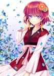  akatsuki_no_yona bellflower colored_eyelashes dress earrings floral_background flower gradient gradient_background hair_flower hair_ornament highres jewelry looking_at_viewer petals purple_eyes red_hair ribbon shirato_sayuri short_hair smile solo tassel wind yona_(akatsuki_no_yona) 