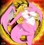 abstract_background anthro balls big_breasts blonde_hair blush breasts chubby dragon green_eyes hair horn huge_breasts nipples scalie simple_background solo vein ymbk 