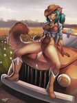  2015 anthro big_breasts boots bottomless breasts car cat clothed clothing cowboy_hat eyewear fatima feline female footwear glasses grass green_eyes green_hair hair half-dressed hat iskra mammal nipples panties pussy smile solo spread_legs spreading underwear wolfy-nail 