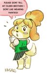  2013 animal_crossing anthro blush canine clothed clothing dog embarrassed english_text female fur hair isabelle_(animal_crossing) j_hughes mammal nintendo open_mouth pussy shih_tzu skirt solo text upskirt video_games yellow_fur 