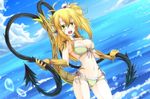 animal_ears arisa_(g) bikini blonde_hair blue_sky bubble claws cloud cloudy_sky collarbone commentary_request day dragon_ears dragon_girl dragon_horns dragon_tail dutch_angle fangs front-tie_bikini front-tie_top g_(desukingu) green_eyes hair_between_eyes hair_bobbles hair_ornament halter_top halterneck holding_own_tail horns long_hair monster_girl multiple_tails navel ocean open_mouth original ponytail scales side-tie_bikini sidelocks sky swimsuit tail 