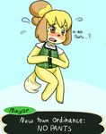  2015 animal_crossing anthro blush bottomless canine clothed clothing dog embarrassed female fur hair half-dressed halpenstance isabelle_(animal_crossing) mammal nintendo open_mouth shih_tzu solo video_games yellow_fur 