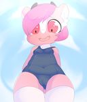  anthro berseepon09 camel_toe clothing cub dragon female hair legwear loli loli_dragon_(character) open_mouth pink_body pink_eyes pink_hair scalie school_swimsuit solo sweat swimsuit thigh_highs young 