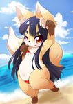  beach black_hair bra canine clothing cloud female feral fox hair kemono mammal one_eye_closed panties red_eyes seaside summer swimsuit ukan_muri underwear 