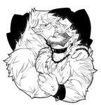  anthro avian biceps big_muscles bird black_and_white canine dog eyes_closed facial_hair feathers fur hairy joey kissing kokuhane male male/male mammal monochrome muscles pecs sketch stan_(kokuhane) 