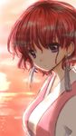  akatsuki_no_yona breasts dress earrings gradient gradient_background jewelry ocean purple_eyes red_hair sea short_hair solo sun yona_(akatsuki_no_yona) 