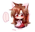  1girl animal_ears blush bone brooch brown_hair chibi dress embarrassed imaizumi_kagerou jewelry long_hair long_sleeves looking_at_viewer red_eyes solo speech_bubble spoken_ellipsis tail totoharu_(kujirai_minato) touhou wavy_mouth wolf_ears wolf_tail 