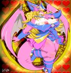  abstract_background anthro balls big_breasts blonde_hair blush breasts chubby dark_magician_girl dragon green_eyes hair horn huge_breasts magic_user nipples open_mouth scalie simple_background solo tongue tongue_out vein ymbk yu-gi-oh 