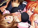  1boy 2girls bishop_(company) blush breasts brown_hair chijoku_no_seifuku cleavage clenched_teeth game_cg highres large_breasts long_hair looking_at_another looking_at_viewer lying mizushima_oonari multiple_girls narita_hina open_mouth orange_hair pink_eyes purple_eyes short_hair smile sweat teeth tokuzawa_akemi 