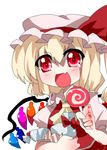  bad_id blonde_hair candy female flandre_scarlet hat lollipop mushimaro red_eyes simple_background solo touhou 