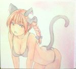  animal_ears bent_over bikini black_bikini blush bow braid breasts cat_ears cat_tail cleavage collarbone cowboy_shot hair_bow hanging_breasts kaenbyou_rin large_breasts leaning_forward looking_at_viewer open_mouth pink_background red_eyes red_hair solo swimsuit tail touhou traditional_media twin_braids watercolor_(medium) yuyu_(00365676) 