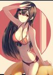  arm_up ass bad_id bad_pixiv_id bare_arms bikini black_hair breasts cleavage covered_nipples hadean92 hair_ornament hairclip highres light_smile long_hair looking_at_viewer medium_breasts navel original red_eyes revision solo strap_gap swimsuit 