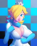  blonde_hair blue_eyes breasts checkered cleavage curvy erect_nipples female gradient gradient_background large_breasts lips long_hair looking_at_viewer mario_kart parted_lips rosalina_(mario) rosetta_(mario) solo super_mario_bros. super_mario_galaxy thick_lips wide_hips 