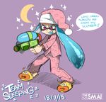  alternate_costume angry animal_slippers artist_name bad_id bad_tumblr_id blue_hair commentary crescent_moon denchinamazu domino_mask english fangs hat inkling long_hair mask moon open_mouth pajamas pants pink_pants print_pajamas red_eyes sami_briggs slippers sparkle splatoon_(series) splatoon_1 splattershot_(splatoon) super_soaker tentacle_hair 