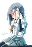  arm_warmers asashio_(kantai_collection) black_legwear blue_eyes blue_hair blush dress_shirt eating food ice_cream ice_cream_cone kantai_collection off_shoulder open_mouth sexually_suggestive shirt sitting skirt sogabe_toshinori solo suspenders thighhighs twitter_username waffle_cone wariza 