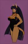  anthro ashley_(scorpdk) big_breasts black_hair black_nose breasts brown_fur canine cleavage clothed clothing egyptian female fur gold_(metal) hair jackal jewelry leotard long_hair mammal red_eyes scorpdk short_tail smile solo standing voluptuous wide_hips 