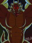  2015 abs anthro big_muscles brown_scales dragon flexing giant glowing glowing_eyes horn hunk japanese_text kyuuhari looking_at_viewer low-angle_shot male muscles nipple_piercing nipples nude pecs piercing pose red_eyes scalie shendu solo spikes text tongue tongue_out worm&#039;s-eye_view 