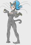  blue_hair cat_costume claws cleavage clothed clothing costume darkstalkers felicia_(darkstalkers) feline female hair looking_at_viewer mammal orange_eyes ponytail solo video_games werecat 