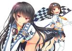  alternate_costume black_hair brown_eyes brown_hair checkered checkered_flag crop_top flag from_behind gloves hairband horosuke_(toot08) isokaze_(kantai_collection) kantai_collection leaning_forward long_hair long_sleeves midriff miniskirt multiple_girls race_queen red_eyes short_sleeves shorts skirt skirt_set smile tanikaze_(kantai_collection) thighhighs white_gloves white_legwear zettai_ryouiki 