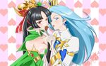  2girl 2girls aqua_eyes aqua_hair armlet artist_request black_hair blue_hair blush bracelet breasts bridal_gauntlets cape chocolate cleavage copyright_request crown detached_sleeves dress earrings female food gem green_dress hair_ornament hand_holding hand_on_another's_shoulder hand_on_shoulder heart heart_background highres hime_cut hug incipient_kiss interlocked_fingers jewelry large_breasts light_blue_hair long_hair long_sleeves looking_at_viewer multiple_girls mutual_yuri open_mouth puffy_sleeves red_eyes shiny shiny_hair shiny_skin strapless strapless_dress striped striped_background tongue tongue_out turtleneck upper_body yuri 
