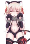  1girl animal_ear_fluff animal_ears bangs bell black_gloves black_legwear black_leotard blush bow cameltoe cat_ears cat_girl cat_tail center_opening commentary_request elbow_gloves eyebrows_visible_through_hair fang fate/kaleid_liner_prisma_illya fate_(series) fur-trimmed_gloves fur_trim gloves hair_bell hair_between_eyes hair_bow hair_ornament hands_up highres illyasviel_von_einzbern jingle_bell leotard light_brown_hair long_hair looking_at_viewer navel parted_lips paw_gloves paws red_bow red_eyes satori_(ymoy) solo tail thighhighs very_long_hair 