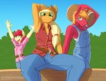  2015 anthro anthrofied apple_bloom_(mlp) applejack_(mlp) armpits barrel big_macintosh_(mlp) blonde_hair brother cowboy_hat earth_pony equine female freckles friendship_is_magic fur green_eyes group hair hat hobbsmeerkat horse long_hair male mammal my_little_pony orange_eyes orange_fur overalls pony red_fur red_hair short_hair sibling sister yellow_fur 