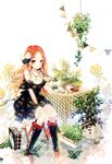  :o absurdres black_footwear boots bow breasts brown_eyes brown_hair chair cherrypin cup dress expressionless full_body hair_bow heart highres knee_boots mole mole_under_eye parted_lips plant potted_plant sitting small_breasts table teapot 