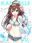  2015 ahoge artist_name ball bikini bottle breasts brown_hair cleavage copyright_name cutoffs dated denim denim_shorts flower front-tie_top hair_flower hair_ornament hairband hibiscus kantai_collection kongou_(kantai_collection) long_hair looking_at_viewer medium_breasts myuton navel open_clothes open_mouth purple_eyes short_shorts shorts solo striped striped_bikini swimsuit unzipped 